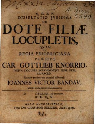 Dissertatio Iuridica De Dote Filiae Locupletis