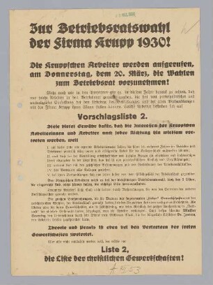 "Zur Betriebsratswahl der Firma Krupp 1930!"