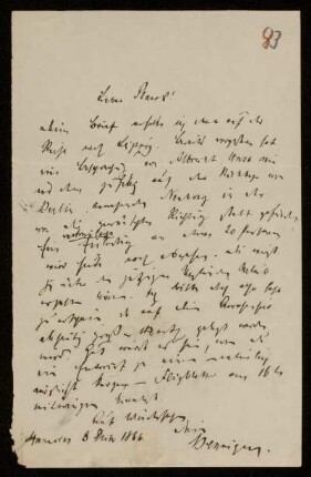 83: Brief von Rudolf von Bennigsen an Gottlieb Planck, Hannover, 8.12.1866
