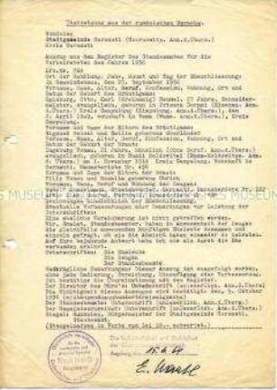 Übersetzung der Heiratsurkunde von Otto Hennel und Ingeborg Vonau - Familienkonvolut