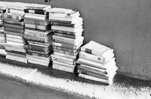 Freiburg: Verschneite Bücher im Antiquariat Kaufhausbogen