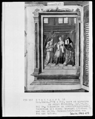 Vie, mort et miracles de Saint Hierosme — Ein Erzengel mit den Personifikationen der Kirche und des Glaubens, Folio 9verso