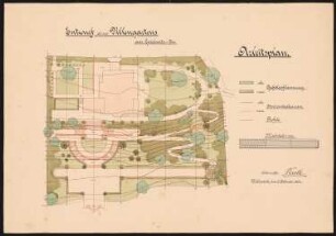Villengarten am Griebnitzsee, Potsdam-Babelsberg: Grundriss des Gartens mit Terrassenanlage und Unterscheidung in alte und neue Gehölzpflanzungen bzw. Höhenlinen 1:200, Legende, Maßstabsleiste