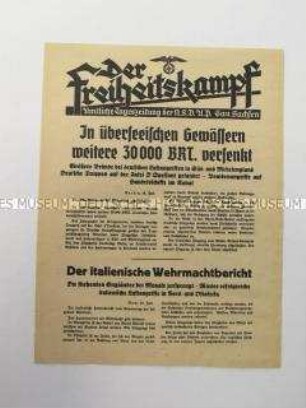Nachrichtenblatt der sächsischen NSDAP-Zeitung "Der Freiheitskampf" über die deutschen Luftangriffe in Süd-und Mittelengland