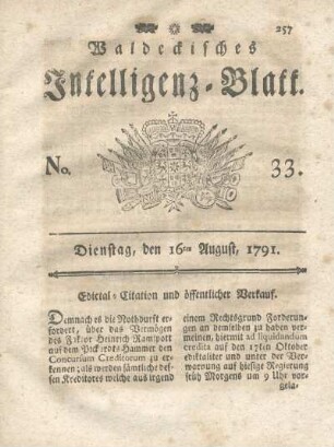 No. 33, Dienstag, den 16ten August, 1791