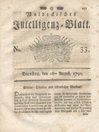 No. 33, Dienstag, den 16ten August, 1791
