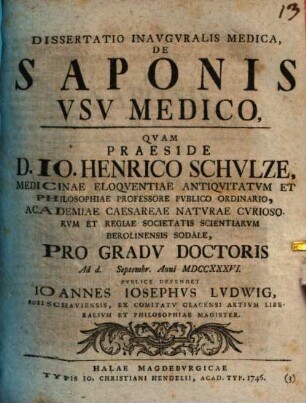 Dissertatio Inavgvralis Medica, De Saponis Vsv Medico