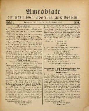 Amtsblatt für den Regierungsbezirk Hildesheim. 1888