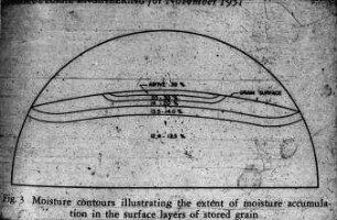 Moisture contours illustrating the extent of moisture accumulation in the surface layers of stored grain