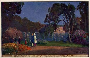 Postkartenalbum mit Motiven von Karlsruhe. "Karlsruhe. Stadtgarten, eine Sommernacht". Beleuchteter Stadtgartensee