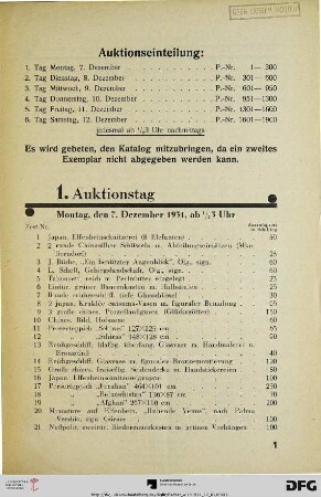 1. Auktionstag: Montag, den 7. Dezember 1931, ab ½ 3 Uhr (Nr. 1-300)