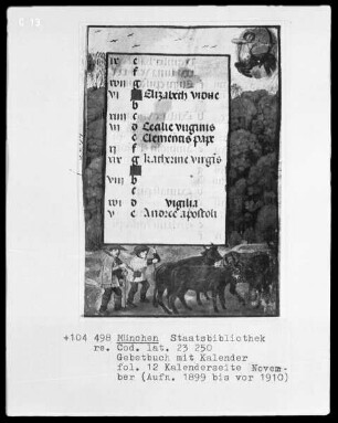 Gebetbuch mit Kalender — Kalenderseite November mit zwei Miniaturen, Folio 12recto