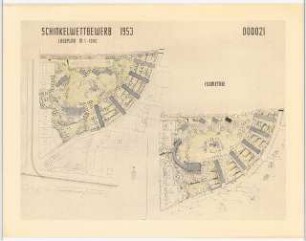 Wohnhausgruppe im sozialen Wohnungsbau Schinkelwettbewerb 1954: Lageplan 1:1000, Isometrie