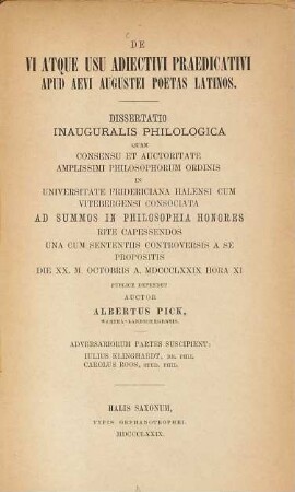 De vi atque usu adiectivi praedicativi apud aevi Augustei poetas Latinos : (Haller Doctordiss.)