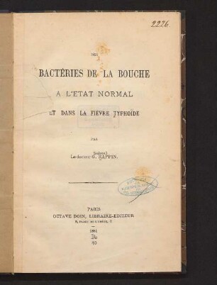 Des bactéries de la bouche à l'état normal et dans la fièvre typhoïde