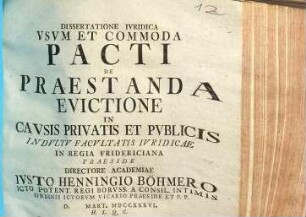 Dissertatione iuridica usum et commoda pacti de praestanda evictione in causis privatis et publicis