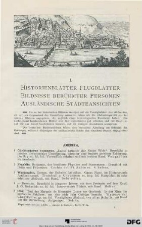 I. Historienblätter – Flugblätter – Bildnisse berühmter Personen – Ausländische Städteansichten (Nr. 1-1446)
