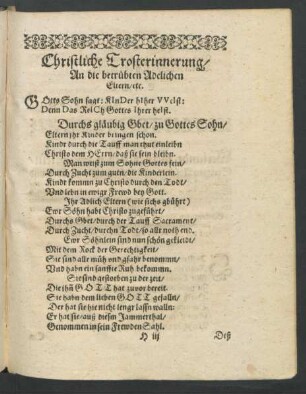 Christliche Trosterinnerung/ An die betrübten Adelichen Eltern/ etc.