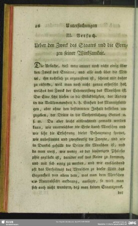 III. Versuch. Ueber den Zweck des Staates und die Grenzen seiner Wirksamkeit