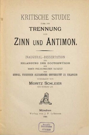 Kritische Studie über die Trennung von Zinn und Antimon