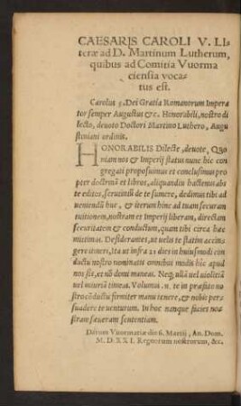 Caesaris Caroli V. Literae ad D. Martinum Lutherum, quibus ad Comitia Wormaciensia vocatus est.