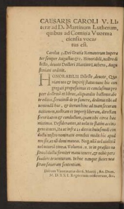 Caesaris Caroli V. Literae ad D. Martinum Lutherum, quibus ad Comitia Wormaciensia vocatus est.