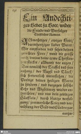 Ein Andechtiges Gebet zu Gott, wider die Feinde und Verfolger Christlichen Namens