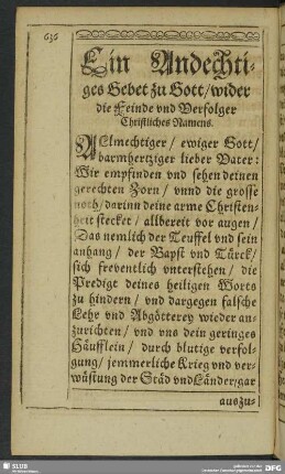 Ein Andechtiges Gebet zu Gott, wider die Feinde und Verfolger Christlichen Namens
