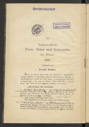 XV. Volkstümliche Feste, Sitten und Gebräuche im Elsass.