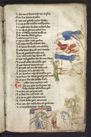 (1) Mittlerfigur zwischen Bosheit und frommen Mann; (2) Dedikationsbild: Übergabe des Werks "Der welsche Gast"; (Prolog)