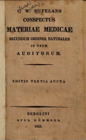 Conspectus materiae medicae secundum ordines naturales in usum auditorum