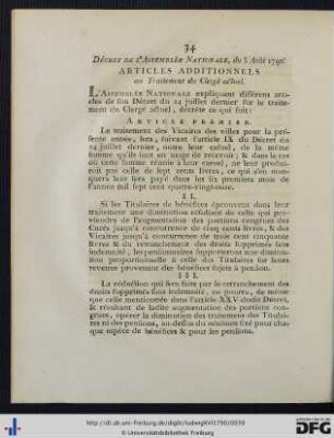 Articles Additionnels au Traitement du Clergé actuel.