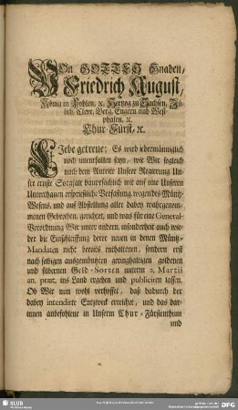 Von Gottes Gnaden, Friedrich August, König in Pohlen [et] c. Hertzog zu Sachsen, Jülich, Cleve, Berg, Engern, und Westphalen, [et] c. Chur-Fürst, [et] c. ...