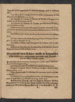 Verzeichnüß derer Bücher/ welche in Leipzigischer Ostermesse 1650. ausgangen/ und nicht nach Franckfurt an Mayn kommen seynd.