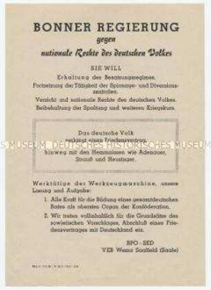Flugblatt der SED-Betriebsparteiorganisation WEMA Saalfeld an die Belegschaft für Gesamtdeutschen Konstituierenden Rat und Friedensvertrag nach Vorschlag der UdSSR