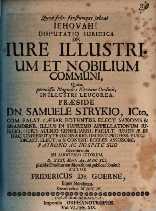 Disputatio Iuridica De Iure Illustrium Et Nobilium Communi