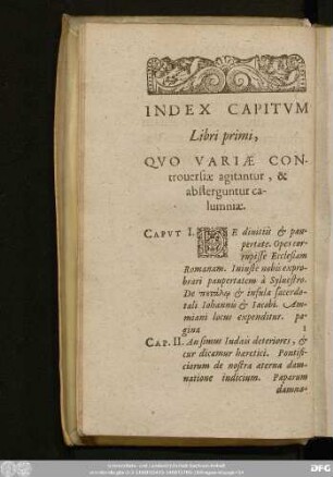 Index Capitum Libri primi, Quo Variae Controversiae agitantur, & absterguntur calumniae.