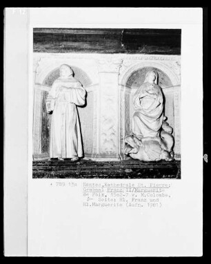 Grabmal des Herzogs Franz II. und seiner Gemahlin Margarethe von Foix: Die zwei Schutzheiligen der Verstorbenen: Die Heilige Margaretha und der Heilige Franz von Assisi