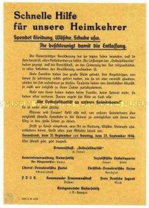 Aufruf der Volkssolidarität, der Gemeindeverwaltung, des Demokratischen Blocks und der Kirchengemeinde Niedersedlitz zu Kleiderspenden für Heimkehrer