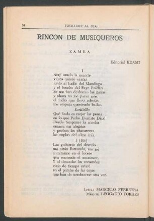 Rincon de musiquieros : Zamba. - Editorial Edami