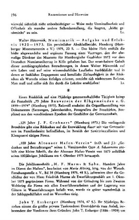 Hävernick, Walter :: Numismatik, Aufgabe und Erlebnis 1920 - 1973, ein persönlicher Abschlußbericht : Hamburg, Hamburger Museumsverein e.V., 1975