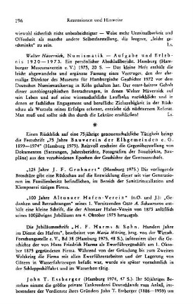 Hävernick, Walter :: Numismatik, Aufgabe und Erlebnis 1920 - 1973, ein persönlicher Abschlußbericht : Hamburg, Hamburger Museumsverein e.V., 1975