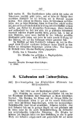 Preisaufgaben der Königlichen Akademie der Wissenschaften : [II. Akademien und Universitäten]
