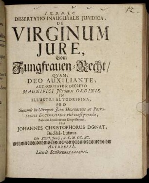 Dissertatio Inauguralis Iuridica, De Virginum Iure