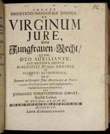 Dissertatio Inauguralis Iuridica, De Virginum Iure