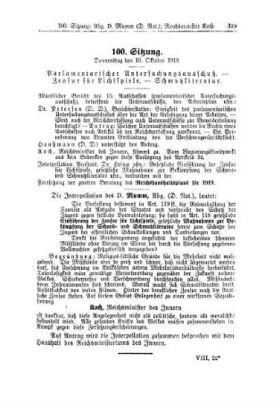 100. Sitzung. Donnerstag den 16. Oktober 1919