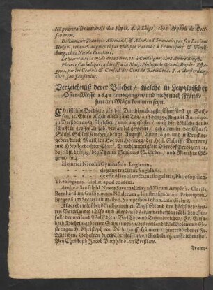 Verzeichnüß derer Bücher/ welche in Leipzigischer Oster-Messe 1641. ausgangen/ ...