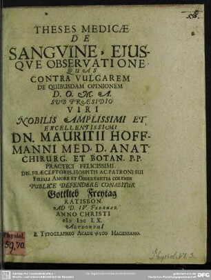 Theses medicae de sanguine eiusque observatione, quas contra vulgarem de quibusdam opinionem