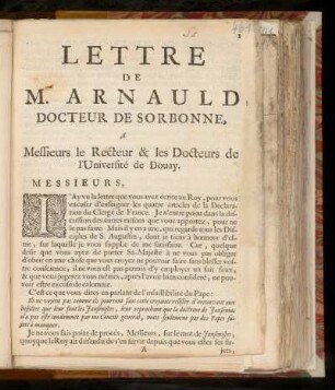 Ss. Lettre de Mr. Arnaud à Mrs. le Recteur et Docteurs de l'Université de Douay