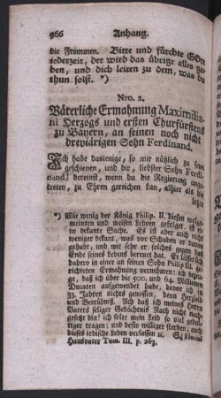 Nro 2. Väterliche Ermahnung Maximiliani Herzogs und ersten Churfürstens in Bayern an seinen noch nicht dreyiärigen Sohn Ferdinand.